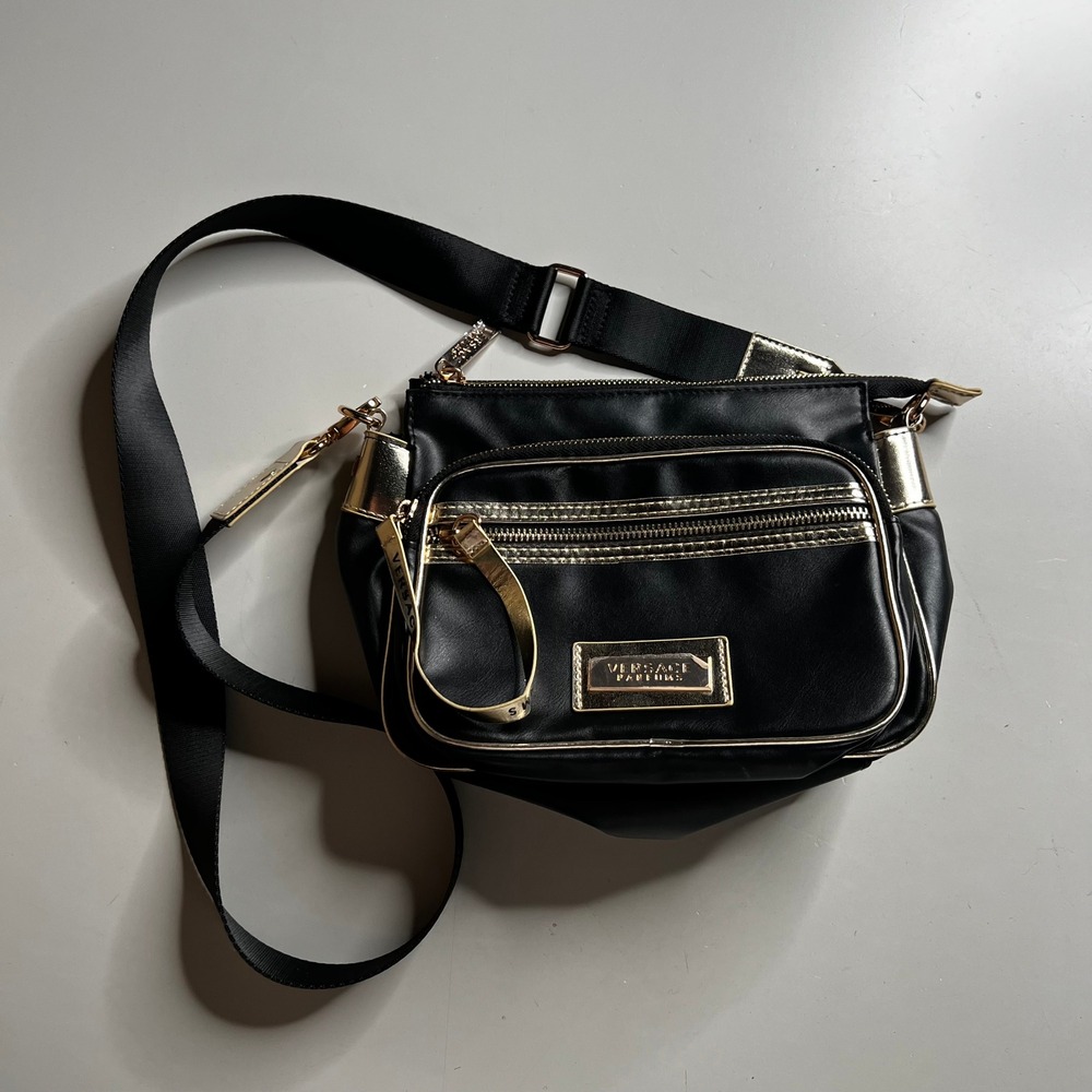 Versace Parfums Black Gold Crossbody Bag Messenger Travel Multi-Pocket